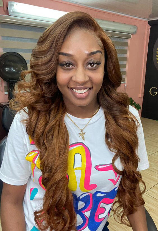 model wearing brazilian wavy virgin bundles