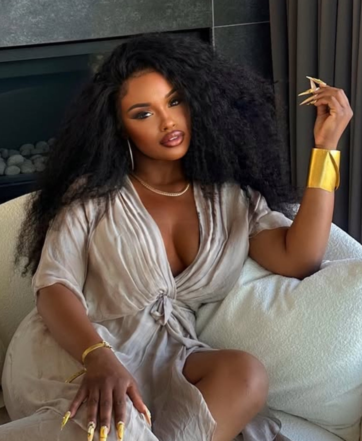 model wearing kinky curly lace wig front view